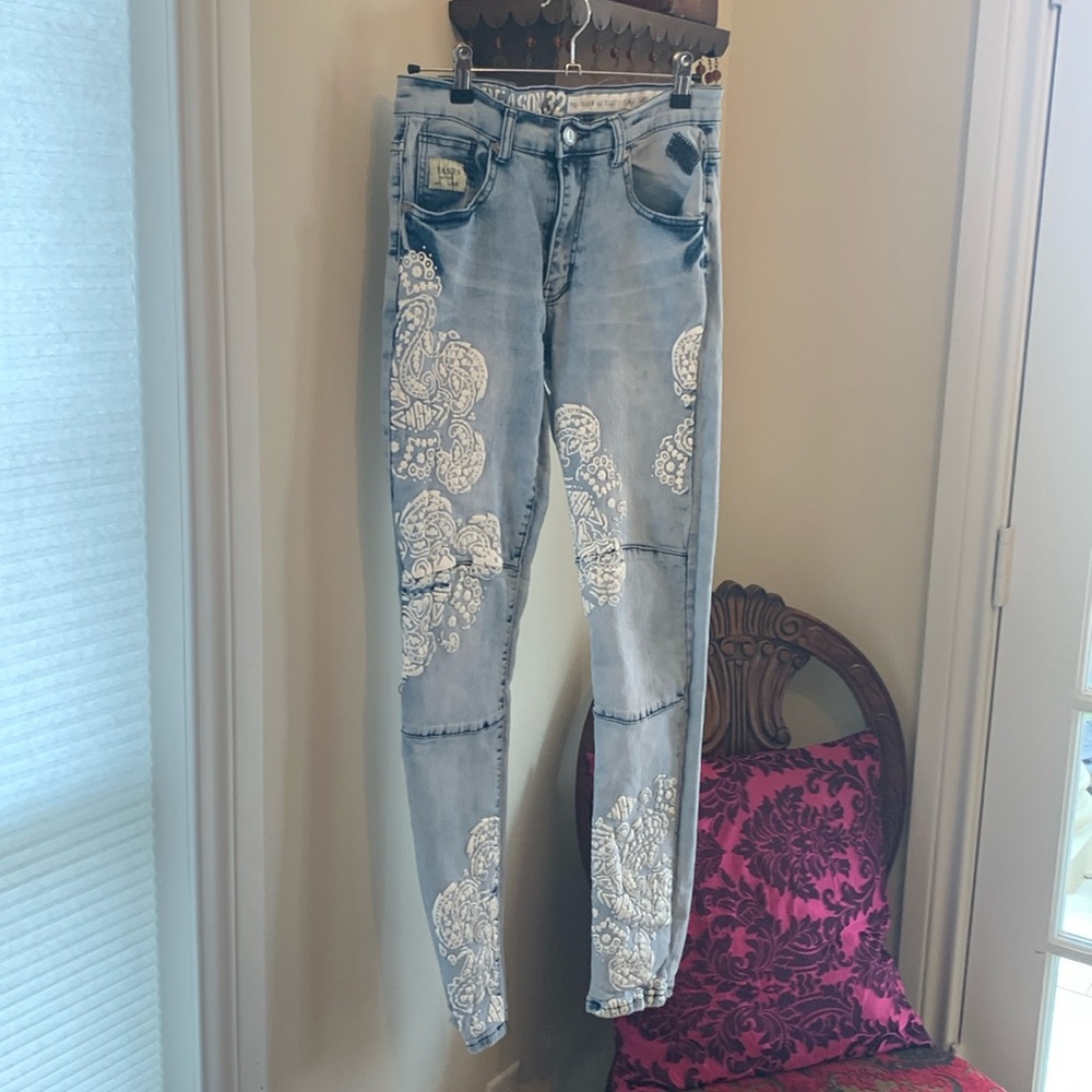 Reason Brand Paisley Patch Jeans Women’s 32 Boho Festival Slim Fit Stretch Denim